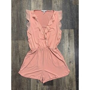 BCBGeneration Peach Pink Ruffle V-Neck Romper Sleeveless Elastic Waist Small